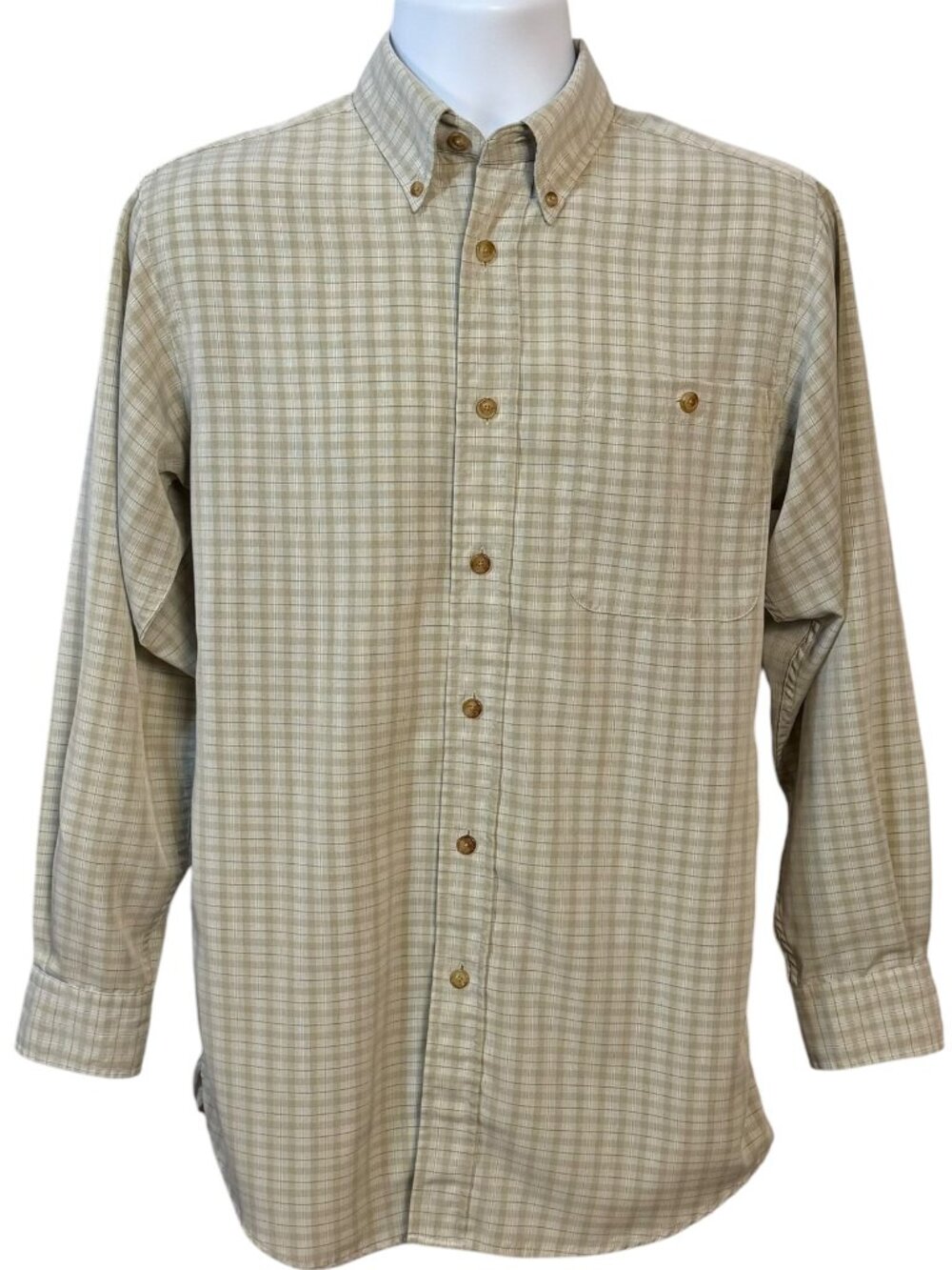 Orvis Men's Plaid Button Up Dress Shirt Small Cream Beige Long Sleeve